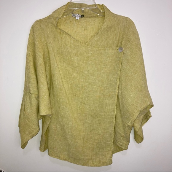 Linen Top by Chalet et’ ceci, Yellow and Olive Green Hues. Loose Fit - Picture 2 of 11